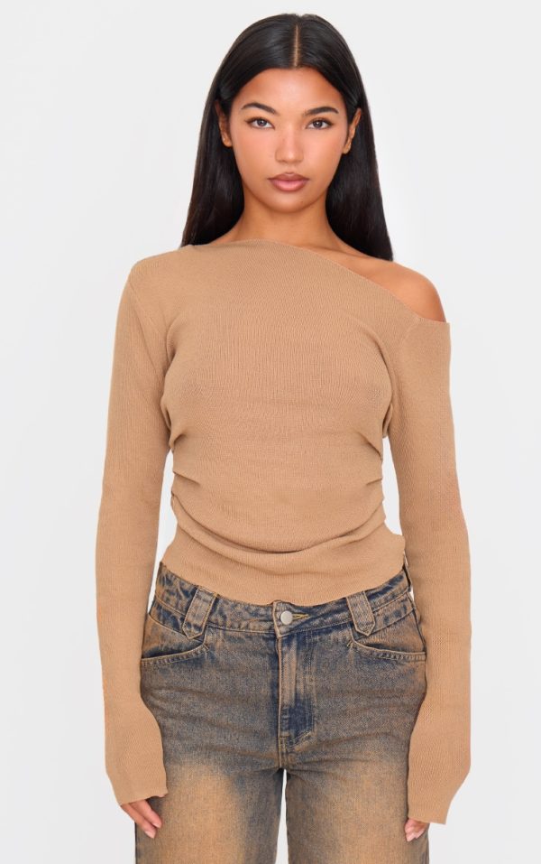 Taupe Fine Knit Asymmetric Top