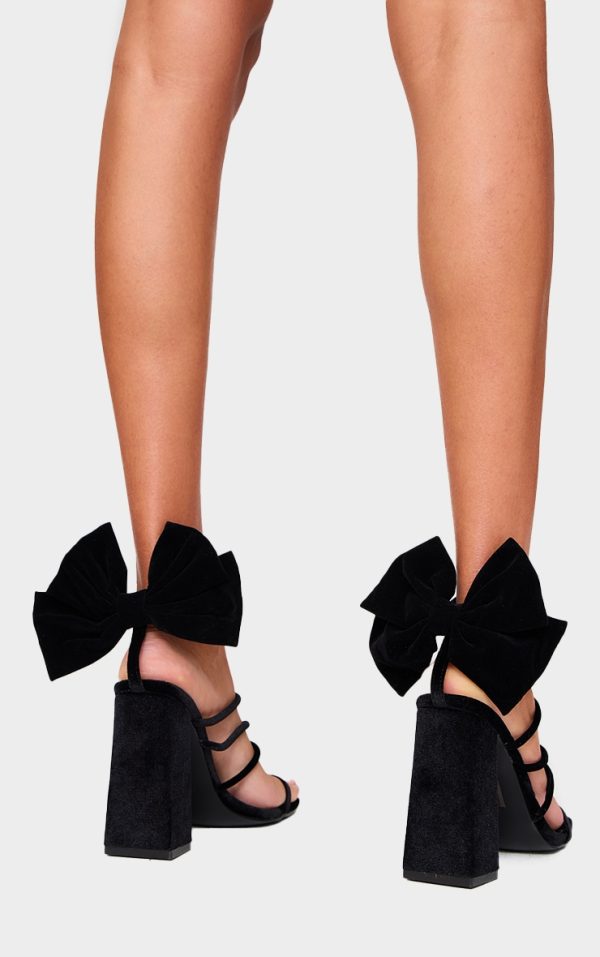Black Velvet Square Toe Bow High Block Heeled Sandals