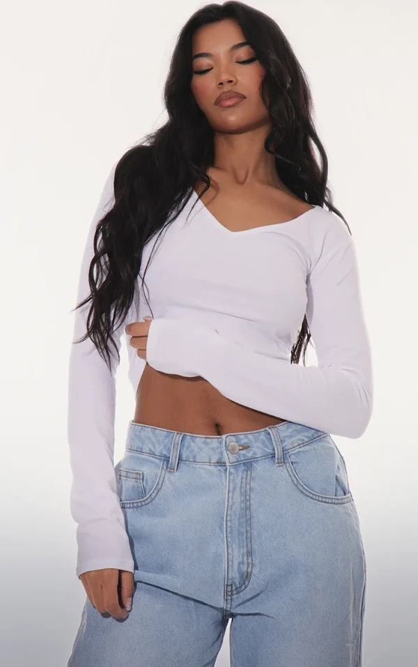 Basic White Cotton Blend Longline Long Sleeve Top