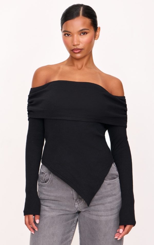 Black Fold Over Bardot Dipped Hem Long Top