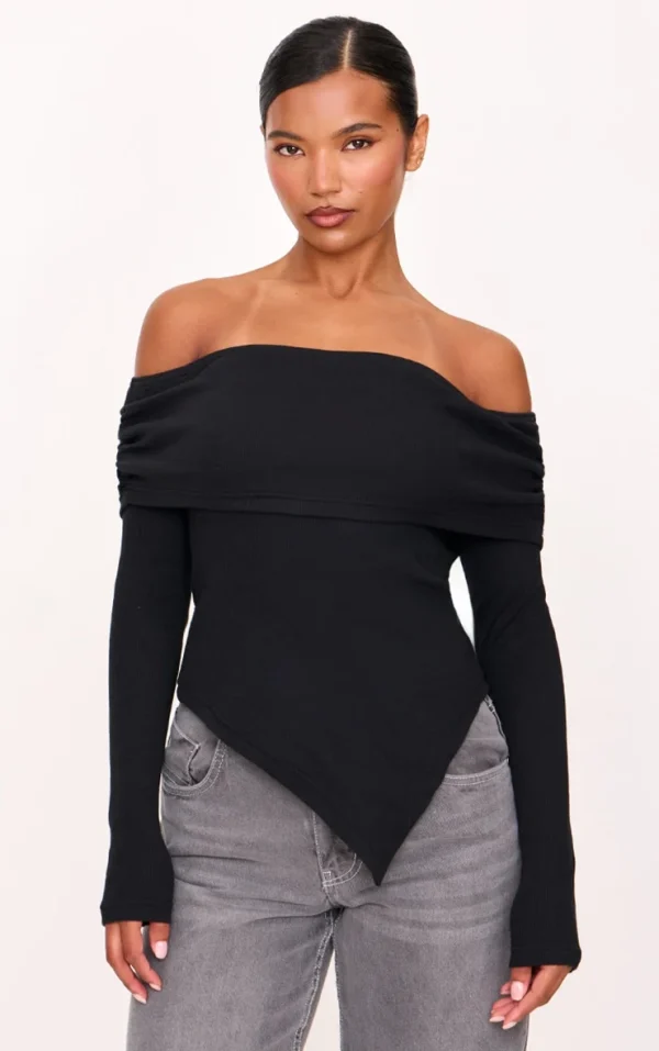 Black Fold Over Bardot Dipped Hem Long Top