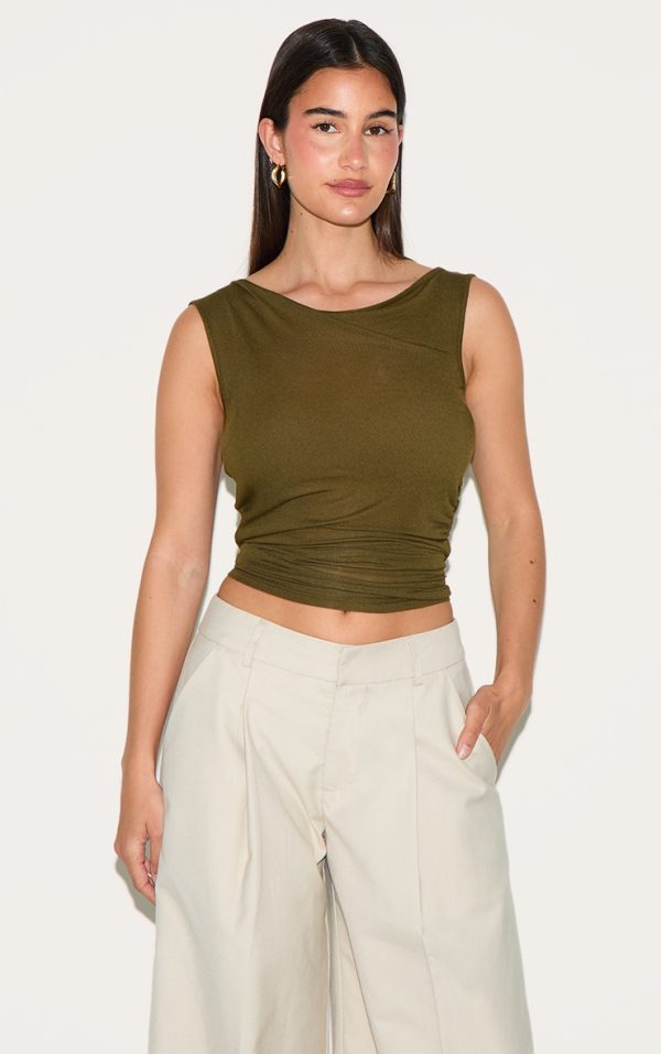 Olive Sheer Soft Touch Cowl Neck Long Vest Top