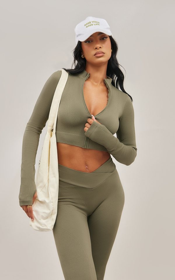 Olive Seamless Seam Detail Cropped Sports Jacket