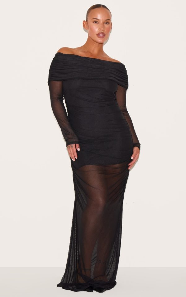 Plus Black Mesh Overlay Long Sleeve Bardot Maxi Dress