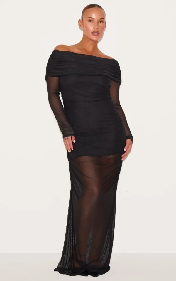 Plus Black Mesh Overlay Long Sleeve Bardot Maxi Dress