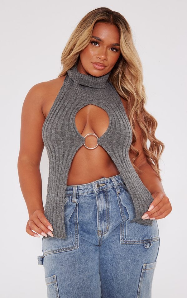 Shape Charcoal Grey Knit Cut Out Ring Detail Crop Top