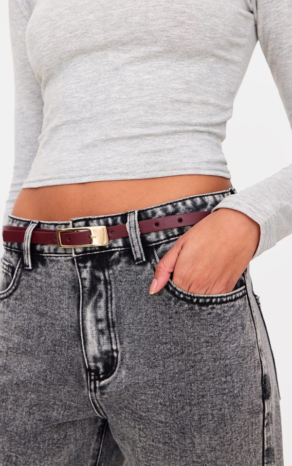 Burgundy PU Square Buckle Skinny Belt