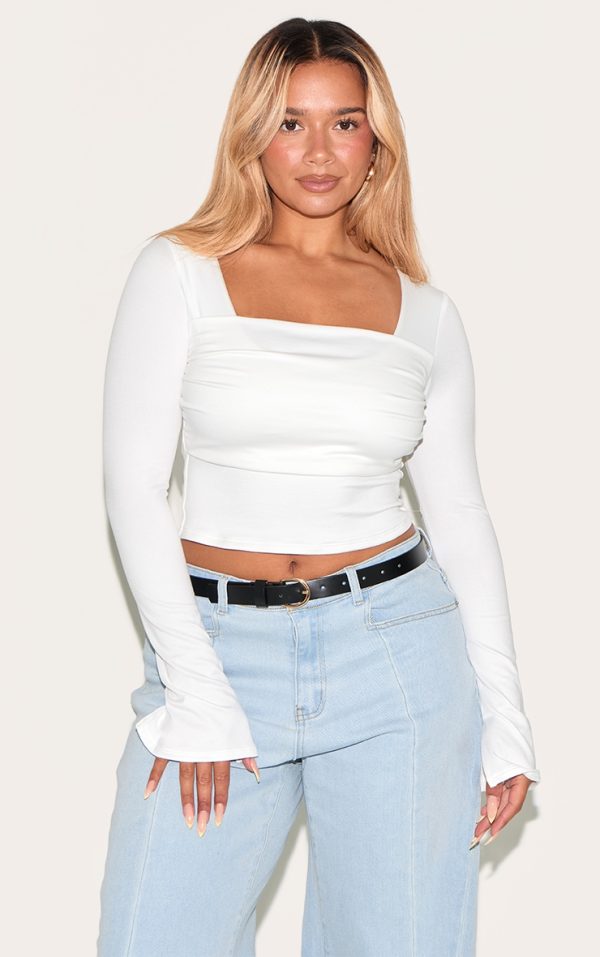 Shape White Super Soft Scoop Neck Ruched Bust Long Sleeve Top