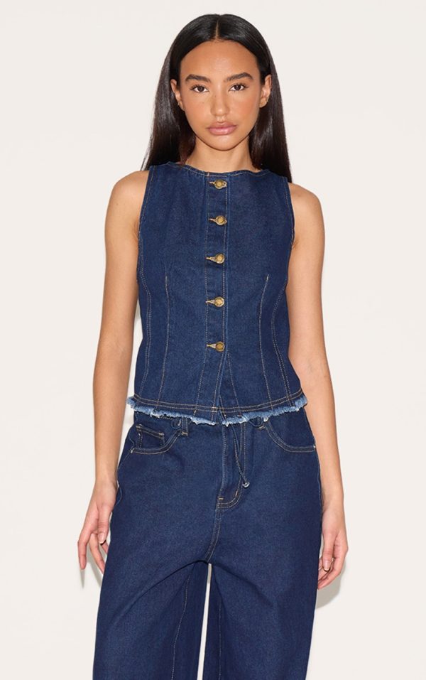 Petite Indigo Denim Sleeveless Fitted Longline Vest