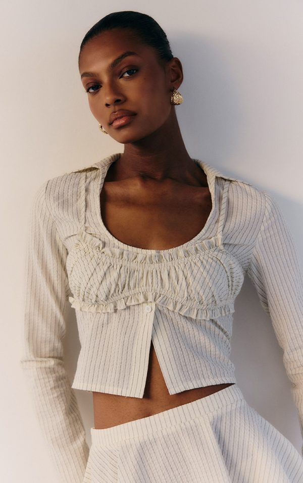 Cream Pinstripe Seersucker Ruched Bralet Detail Shirt