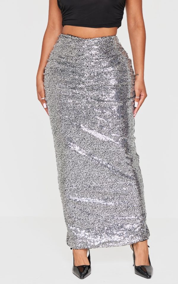 Shape Silver Sequin Ruched V Front Maxi Skirt