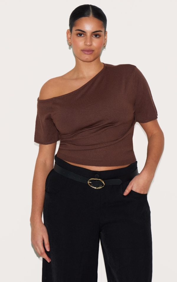 Plus Chocolate Basic Knit Asymmetric Neckline Top