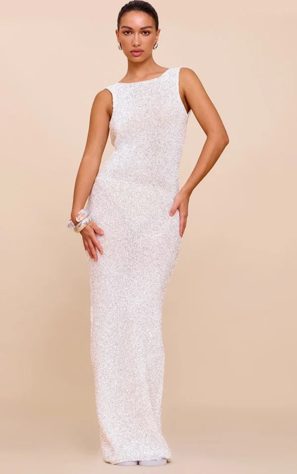 Cream Sequin Knit Scoop Back Maxi Dress