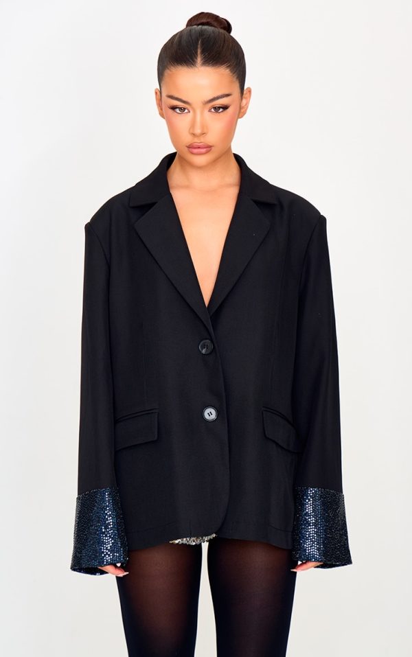 Black Sequin Sleeve Detail Structured Blazer