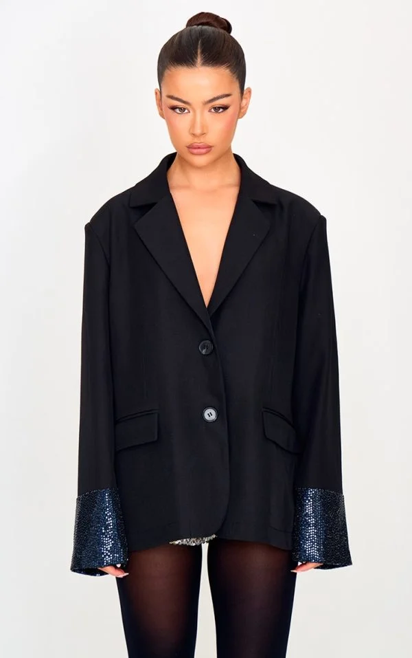 Black Sequin Sleeve Detail Structured Blazer