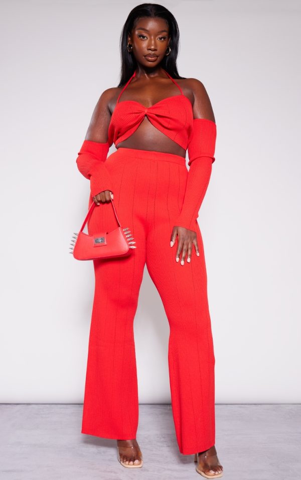 Plus Red Rib Knit Flared Pants