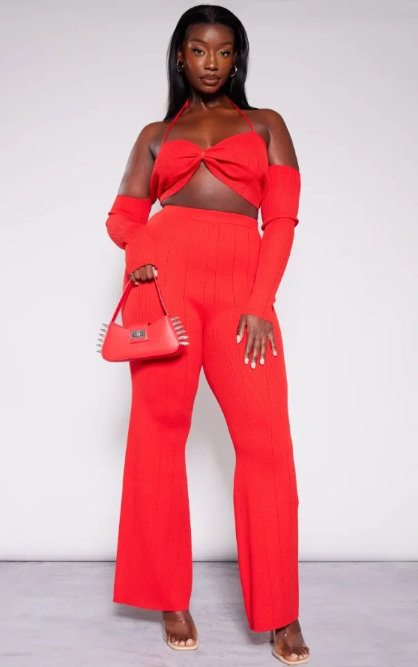 Plus Red Rib Knit Flared Pants
