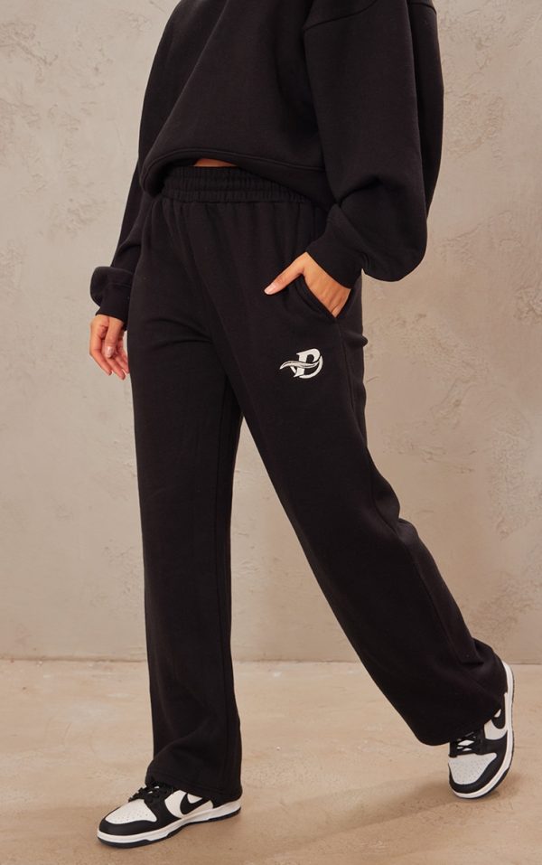 PRETTYLITTLETHING Black Logo Embroidered Wide Leg Sweatpants