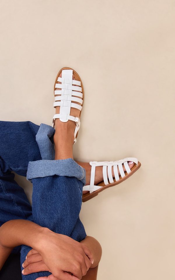 White Faux Leather Gladiator Cage Flat Sandals