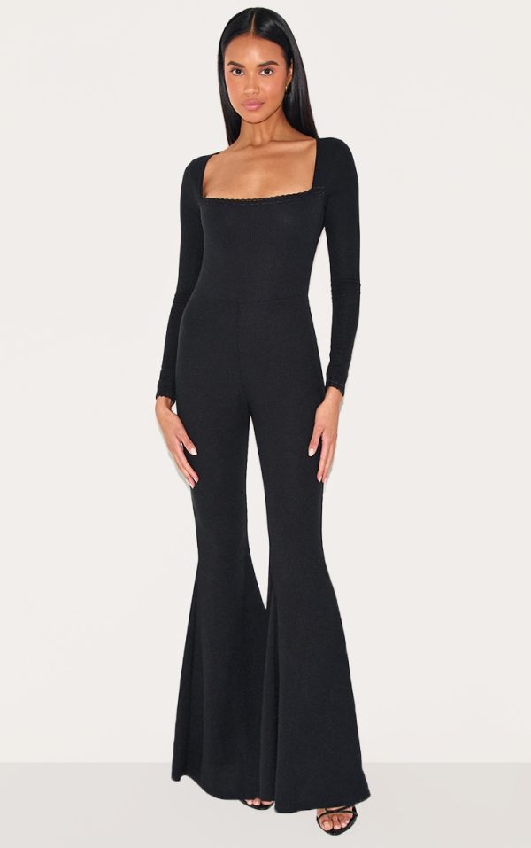 Black Ribbed Lace Trim Long Sleeve Flared Leg Jumpsuit