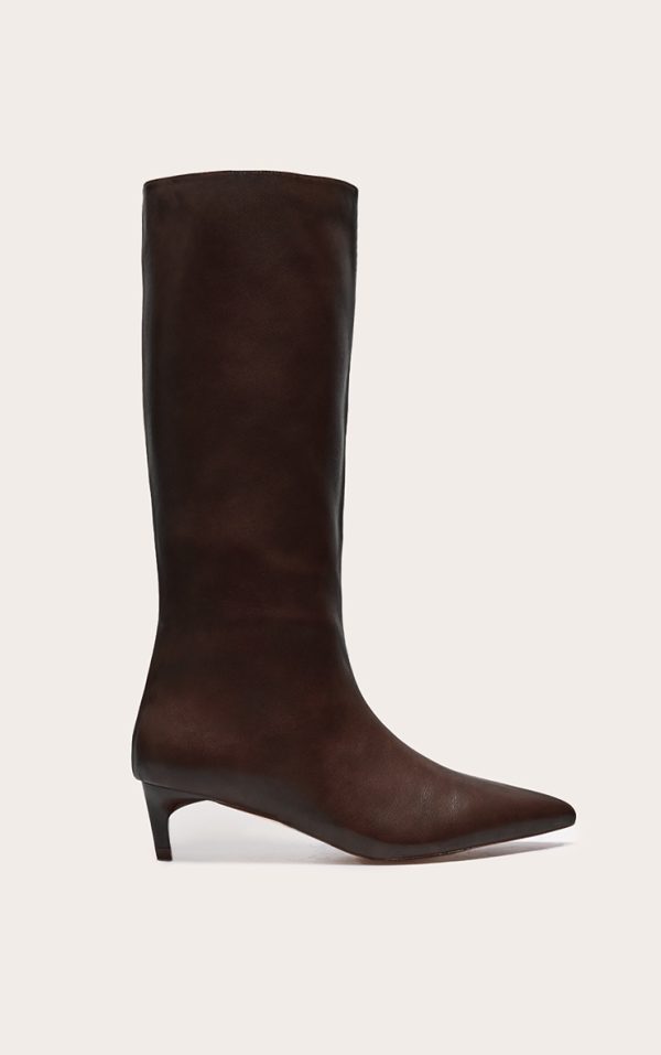 Chocolate Pu Point Toe Low Stiletto Knee High Heeled Boots