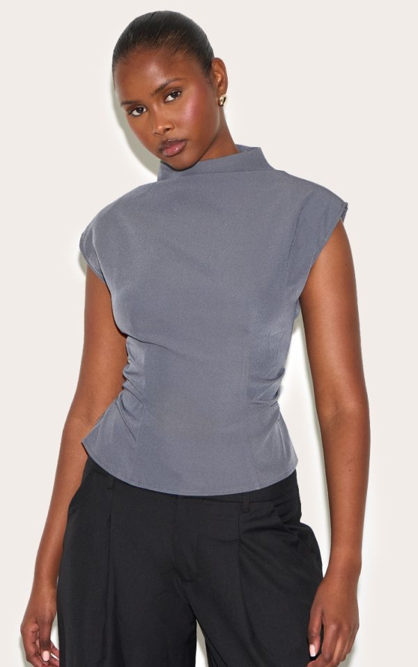 Charcoal Ruched Woven Shoulder Pad Top
