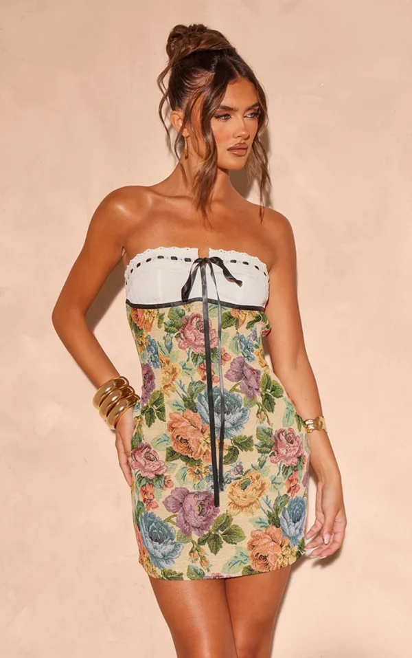 Stone Floral Twill Contrast Bandeau Bodycon Dress