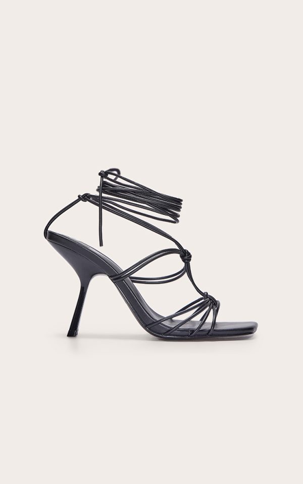 Black Wide Fit Pu Square Toe Knotted Strappy Lace Up Heeled Sandals