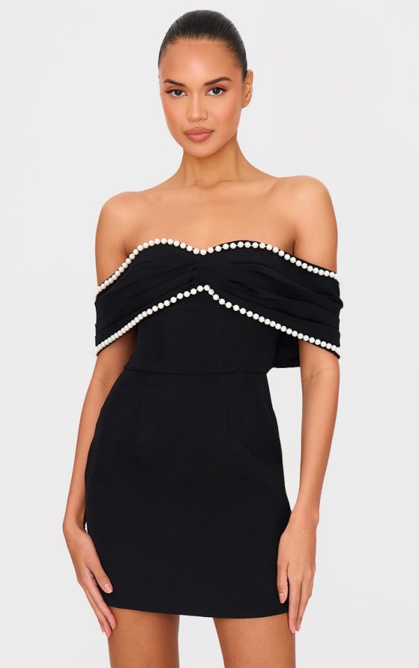 Black Pearl Detail Bardot Bow Bodycon Dress