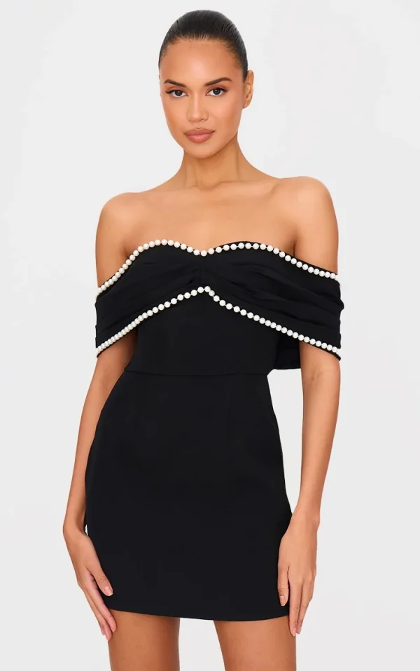 Black Pearl Detail Bardot Bow Bodycon Dress