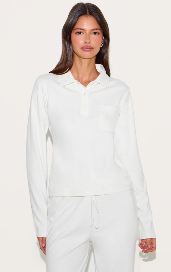 Cream Long Sleeved Super Soft V Neck Button Up Top