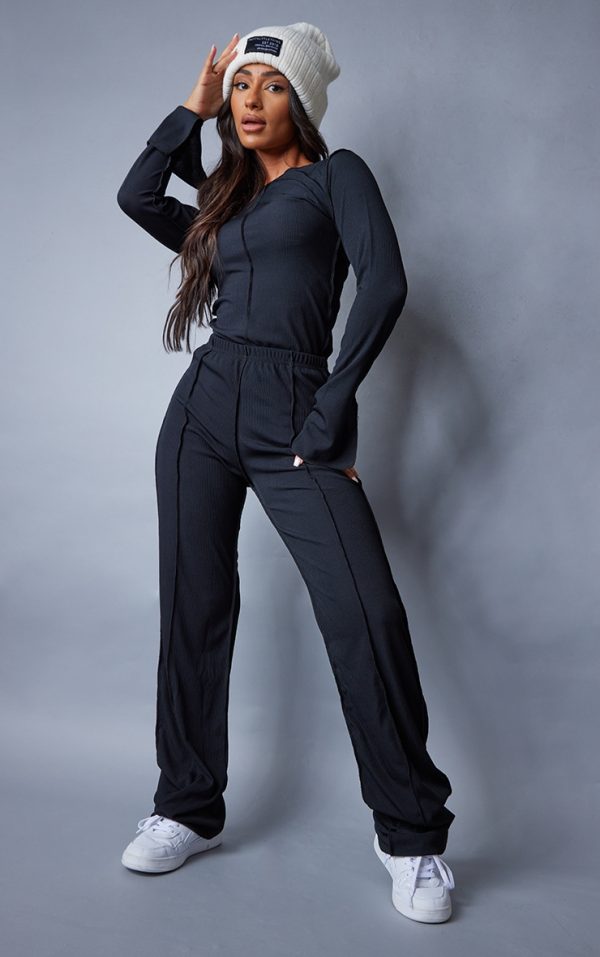 Petite Black Ribbed Seam Detail High Waisted Wide Leg Pants