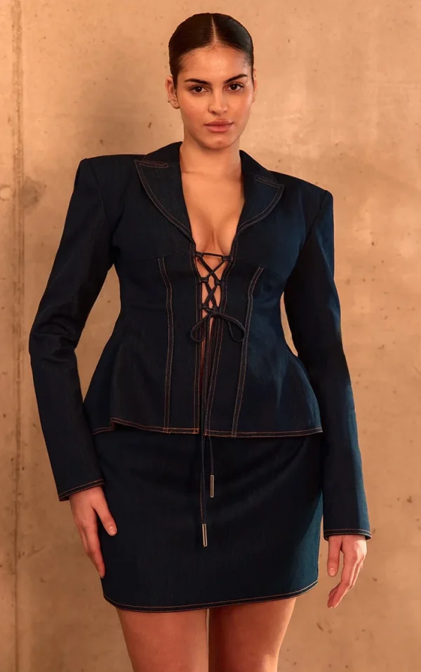 PLT Label Plus Denim Blue Tailored Lace Up Corset Blazer