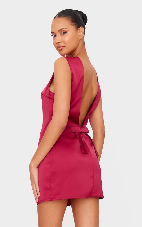 Burgundy Satin Plunge Back Bow Detail Mini Dress