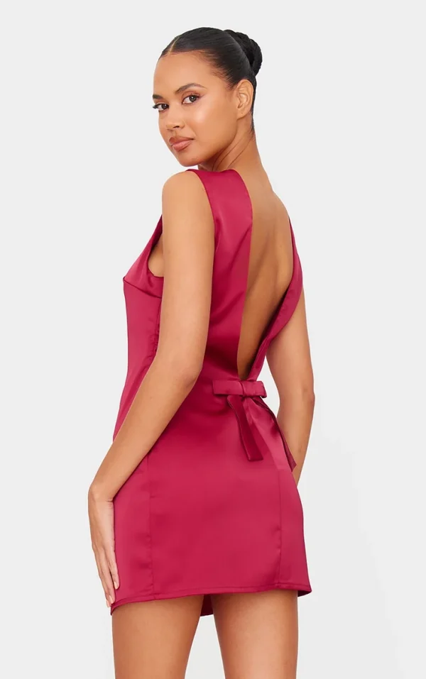 Burgundy Satin Plunge Back Bow Detail Mini Dress