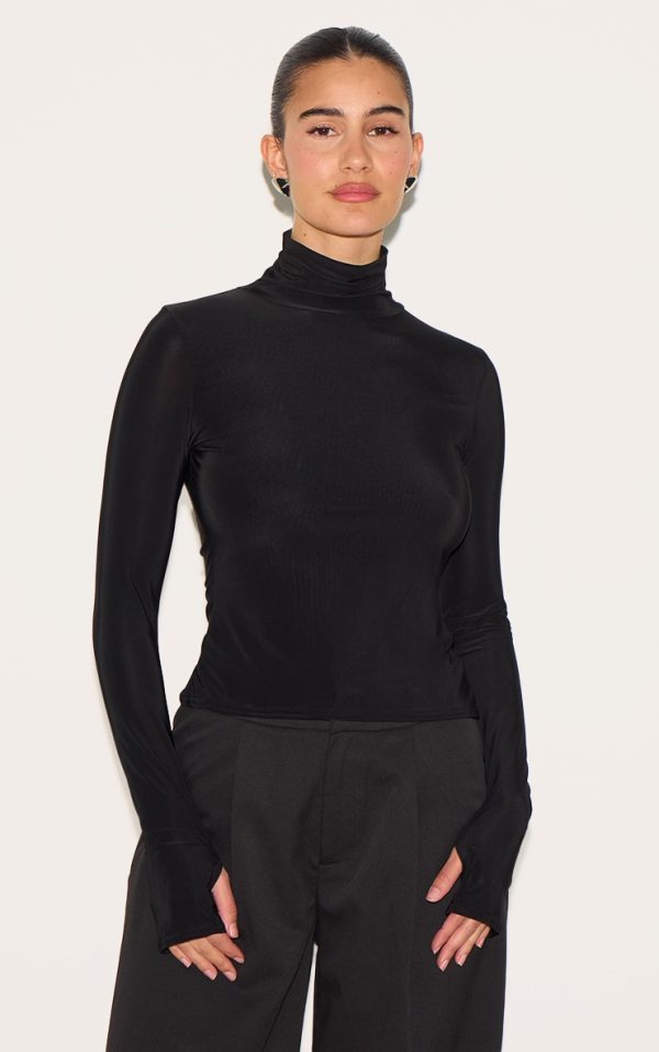 Black Slinky High Neck Thumb Detail Long Sleeve Top