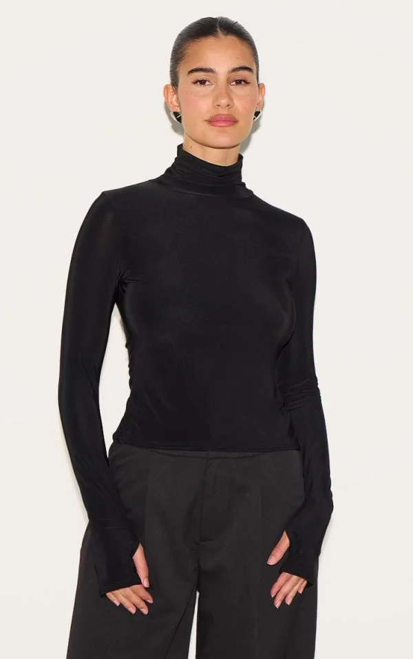 Black Slinky High Neck Thumb Detail Long Sleeve Top