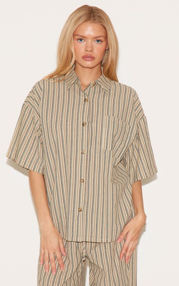Green Pinstripe Short Sleeve Oversized Shirt