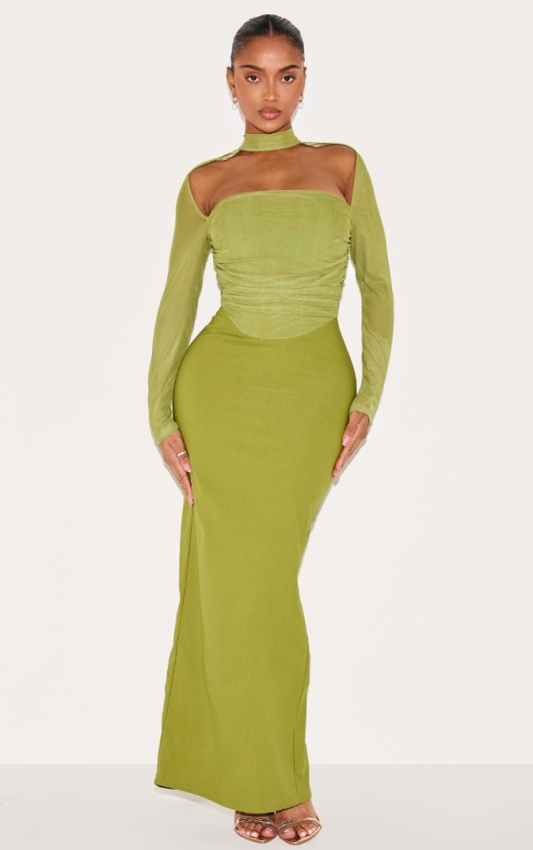 Shape Green Mesh Long Sleeve Ruched Corset Maxi Dress