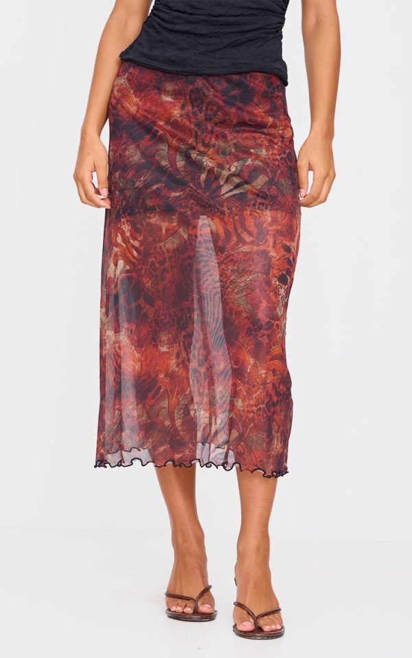 Burgundy Multi Abstract Print Mesh Maxi Skirt