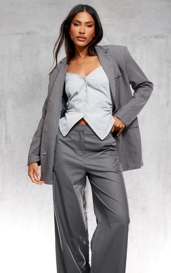 Grey Textured Look Shoulder Padded Oversized Blazer