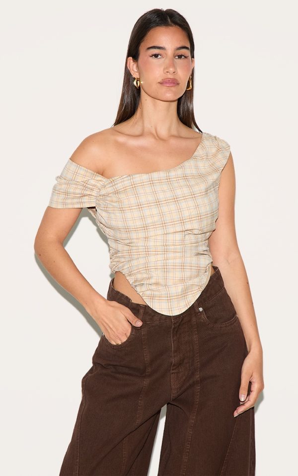 Beige Asymmetric Check Print Bardot Top