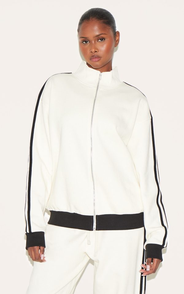 Cream Premium Side Stripe Contrast Zip Through Sweatshirt
