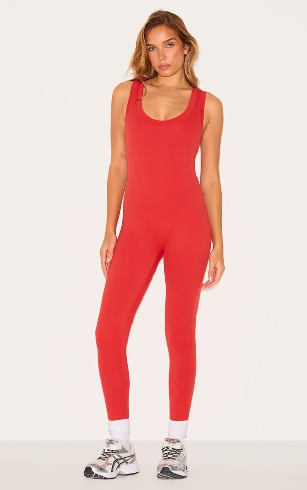 Red Sculpt Contrast Binding Unitard