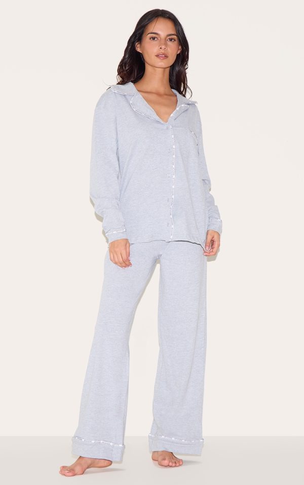 PRETTYLITTLETHING Grey Piping Jersey Long PJ Set