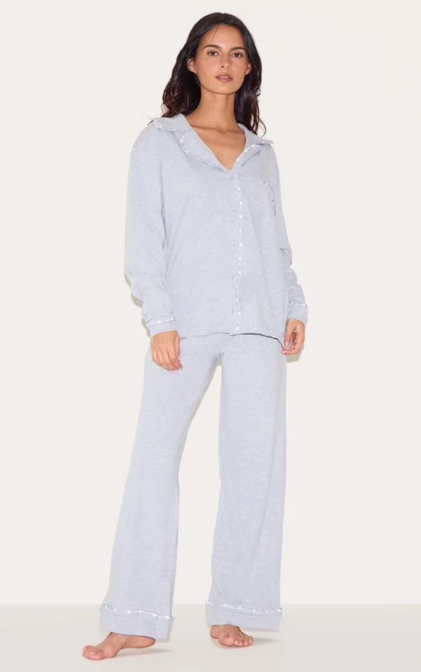 PRETTYLITTLETHING Grey Piping Jersey Long PJ Set