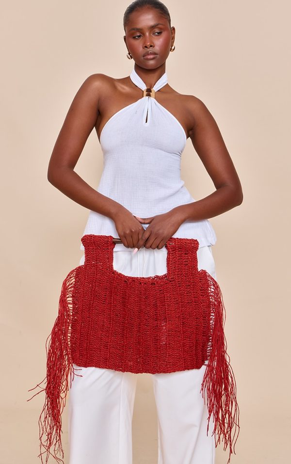 Rust Fringed Raffia Wooden Handle Beach Grab Bag