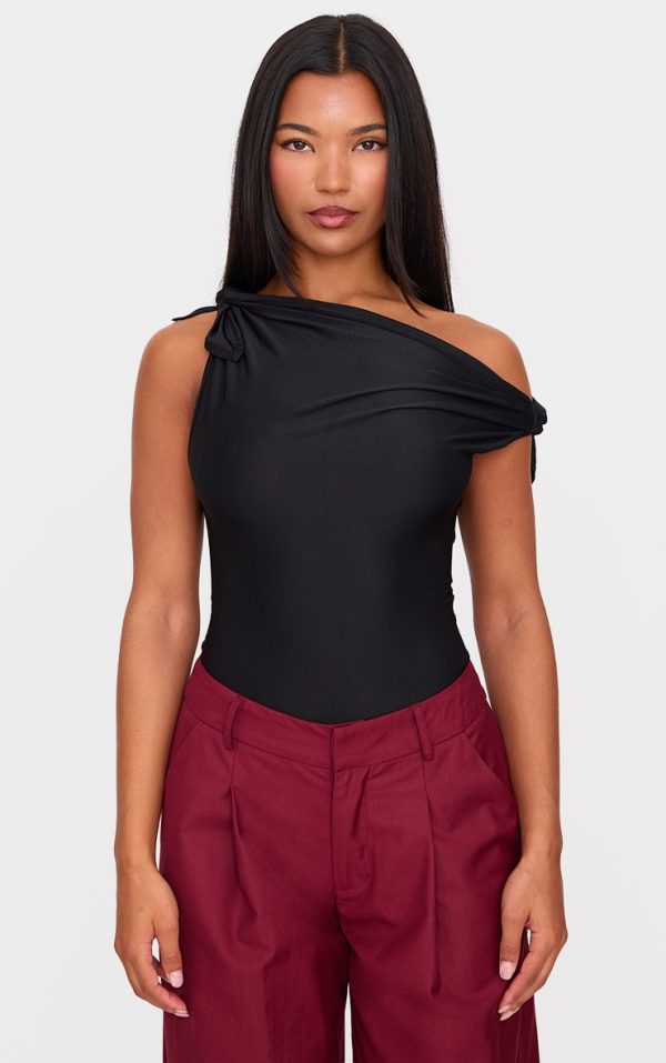 Black Slinky Tie Shoulder Asymmetric Bodysuit