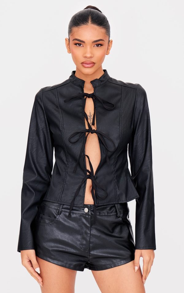 Black Faux Leather Tie Front Fitted Blouse