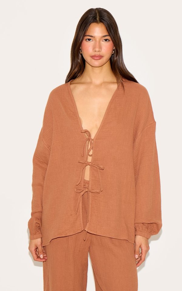 Chesnut Cheesecloth Textured Tie Front Shirt